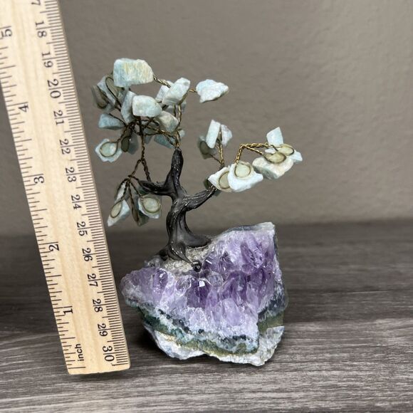 Rock Tree Amethyst Geode Amazonite Leaves 5” Crystal Rock Wire Art - Picture 7 of 7